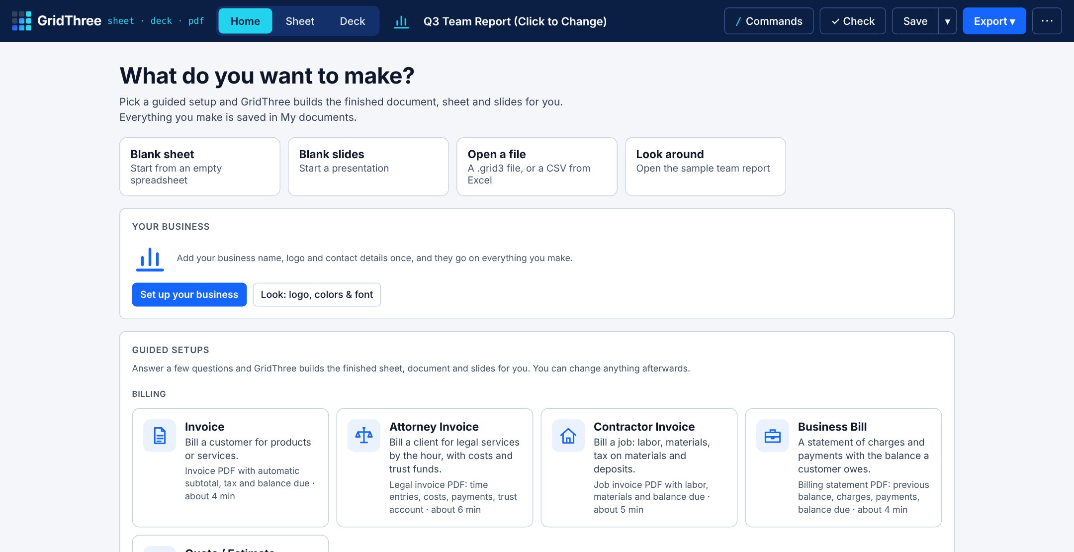 GridThree Home: quick-start tiles and guided setups for invoices, quotes and more.